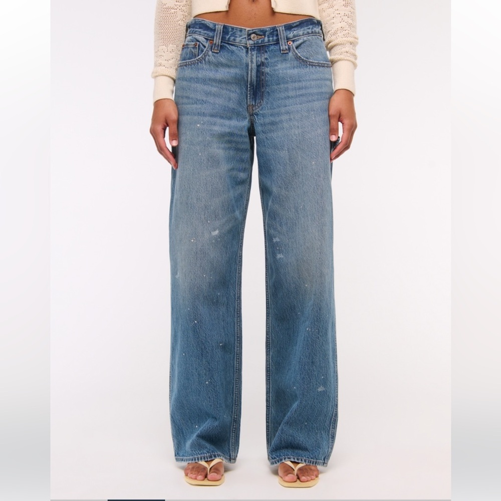 A&F Curve Love Low Rise Ultra Loose Jean in Medium Wash Paint Splatter